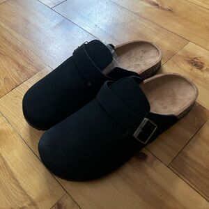 Black Suede Clogs with Buckle